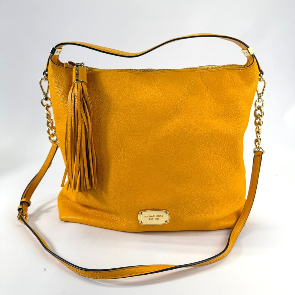 Michael Kors Pebbled Leather Tassel Hobo Shoulder Bag Mustard Yellow Gold Chain